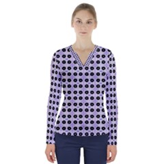 Black Flower  On Purple White Pattern V-neck Long Sleeve Top by BrightVibesDesign