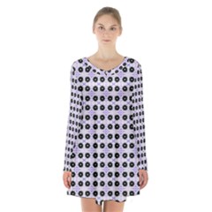 Black Flower  On Purple White Pattern Long Sleeve Velvet V-neck Dress by BrightVibesDesign