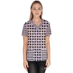 Black Flower  On Purple White Pattern Women s V-neck Scrub Top by BrightVibesDesign