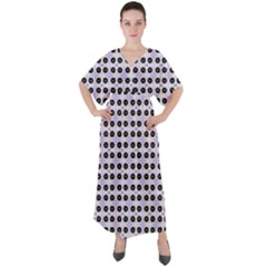 Black Flower  On Purple White Pattern V-neck Boho Style Maxi Dress by BrightVibesDesign