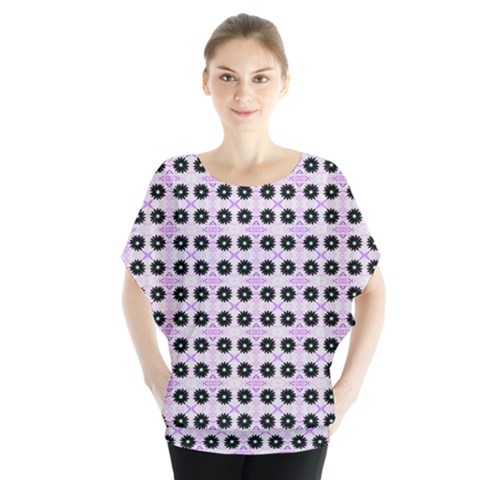 Black Flower On Pink White Pattern Batwing Chiffon Blouse by BrightVibesDesign