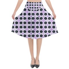 Black Flower On Pink White Pattern Flared Midi Skirt by BrightVibesDesign