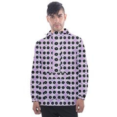 Black Flower On Pink White Pattern Men s Front Pocket Pullover Windbreaker by BrightVibesDesign