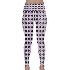 Black Flower On Pink White Pattern Lightweight Velour Classic Yoga Leggings by BrightVibesDesign