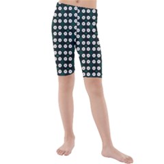 White Flower Pattern On Green Black Kids  Mid Length Swim Shorts by BrightVibesDesign