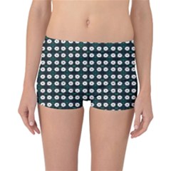 White Flower Pattern On Green Black Reversible Boyleg Bikini Bottoms by BrightVibesDesign