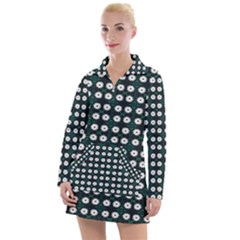 White Flower Pattern On Green Black Women s Long Sleeve Casual Dress by BrightVibesDesign