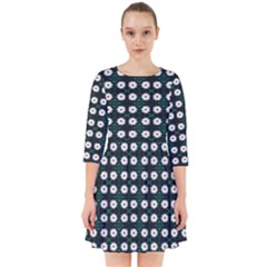 White Flower Pattern On Green Black Smock Dress by BrightVibesDesign