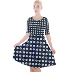 White Flower Pattern On Green Black Quarter Sleeve A-line Dress by BrightVibesDesign