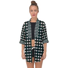 White Flower Pattern On Green Black Open Front Chiffon Kimono by BrightVibesDesign