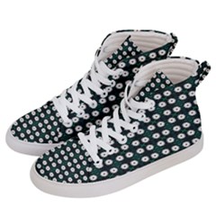 White Flower Pattern On Green Black Women s Hi-top Skate Sneakers by BrightVibesDesign