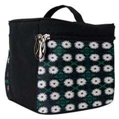 White Flower Pattern On Green Black Make Up Travel Bag (small) by BrightVibesDesign