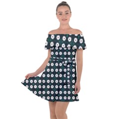 White Flower Pattern On Green Black Off Shoulder Velour Dress by BrightVibesDesign