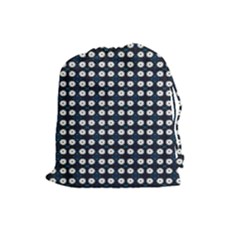 White Flower Pattern On Dark Blue Drawstring Pouch (large) by BrightVibesDesign