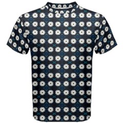 White Flower Pattern On Dark Blue Men s Cotton Tee by BrightVibesDesign