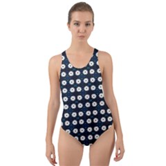 White Flower Pattern On Dark Blue Cut-out Back One Piece Swimsuit by BrightVibesDesign