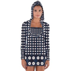 White Flower Pattern On Dark Blue Long Sleeve Hooded T-shirt by BrightVibesDesign