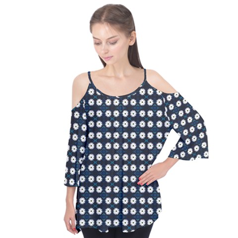 White Flower Pattern On Dark Blue Flutter Tees by BrightVibesDesign