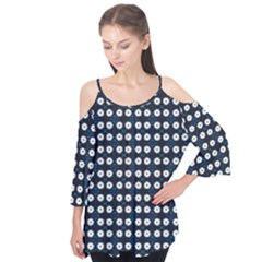 White Flower Pattern On Dark Blue Flutter Tees