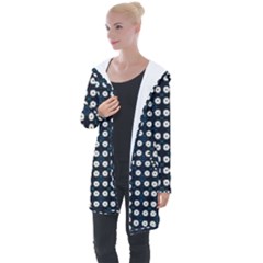 White Flower Pattern On Dark Blue Longline Hooded Cardigan by BrightVibesDesign