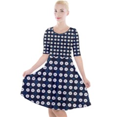 White Flower Pattern On Dark Blue Quarter Sleeve A-line Dress by BrightVibesDesign