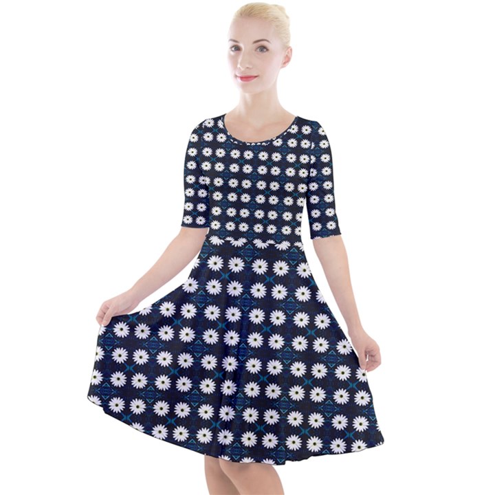 White Flower Pattern On Dark Blue Quarter Sleeve A-Line Dress