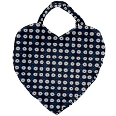 White Flower Pattern On Dark Blue Giant Heart Shaped Tote by BrightVibesDesign