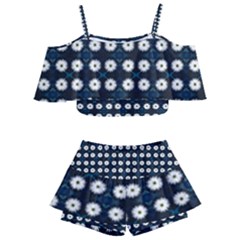 White Flower Pattern On Dark Blue Kids  Off Shoulder Skirt Bikini by BrightVibesDesign