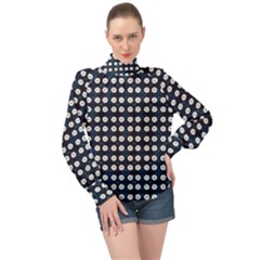 White Flower Pattern On Dark Blue High Neck Long Sleeve Chiffon Top by BrightVibesDesign