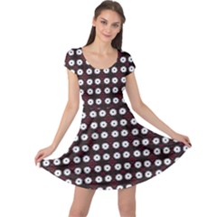 White Flower Pattern On Pink Black Cap Sleeve Dress by BrightVibesDesign