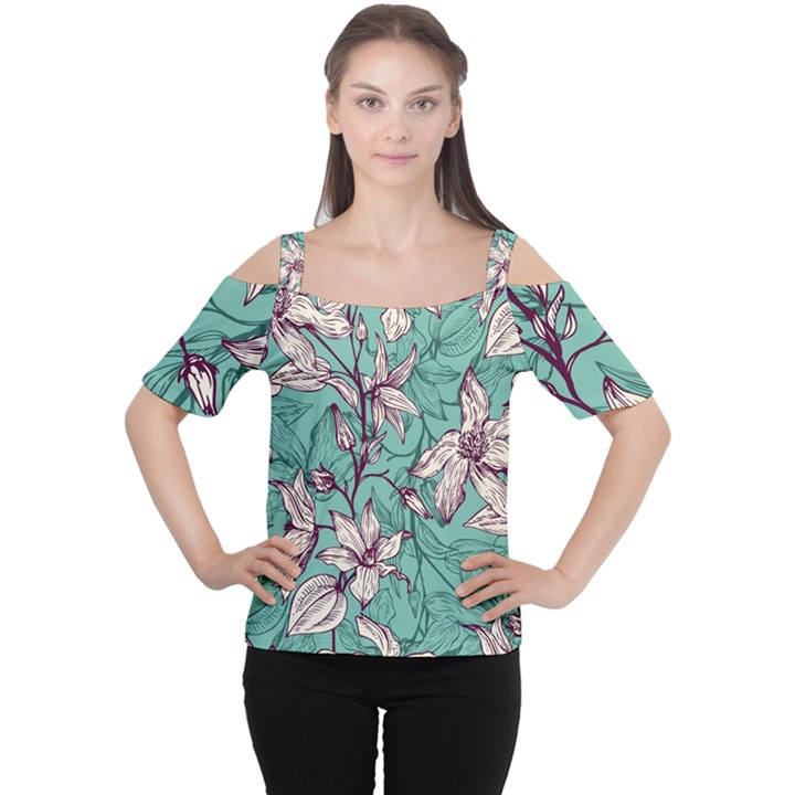 Vintage Floral Pattern Cutout Shoulder Tee