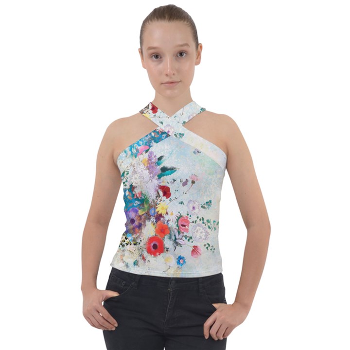 Floral Bouquet Cross Neck Velour Top