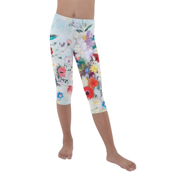 Floral Bouquet Kids  Lightweight Velour Capri Leggings 