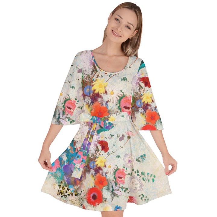 Floral Bouquet Velour Kimono Dress