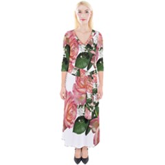 Roses Pink Leaves Flowers Perfume Quarter Sleeve Wrap Maxi Dress by Simbadda