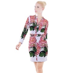 Roses Pink Leaves Flowers Perfume Button Long Sleeve Dress by Simbadda