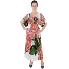 Roses Pink Leaves Flowers Perfume V-neck Boho Style Maxi Dress by Simbadda