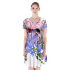 Flowers Roses Bluebells Arrangement Short Sleeve V-neck Flare Dress