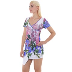 Flowers Roses Bluebells Arrangement Short Sleeve Asymmetric Mini Dress