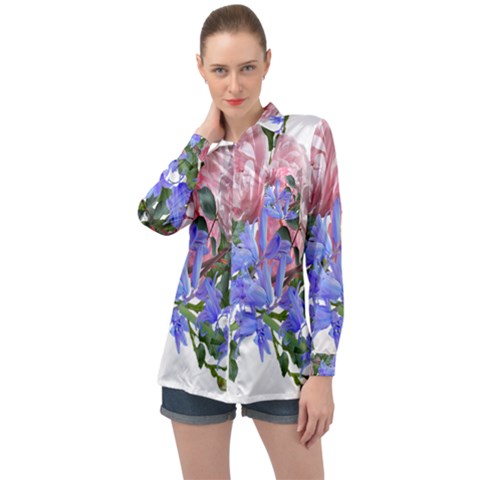 Flowers Roses Bluebells Arrangement Long Sleeve Satin Shirt by Simbadda