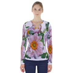 Flowers Anemone Arrangement Cut Out V-neck Long Sleeve Top by Simbadda