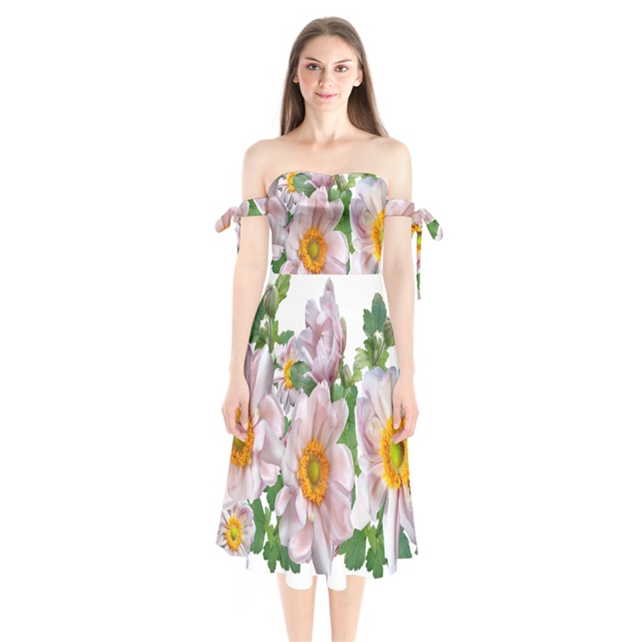 Flowers Anemone Arrangement Cut Out Shoulder Tie Bardot Midi Dress