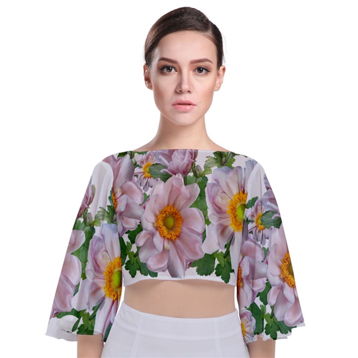 Flowers Anemone Arrangement Cut Out Tie Back Butterfly Sleeve Chiffon Top