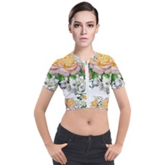 Flowers Arrangement Yellow Roses Short Sleeve Cropped Jacket by Simbadda