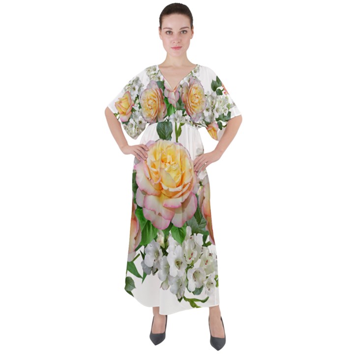 Flowers Arrangement Yellow Roses V-Neck Boho Style Maxi Dress