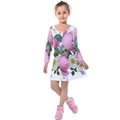 Flowers Roses Pink White Blooms Kids  Long Sleeve Velvet Dress by Simbadda