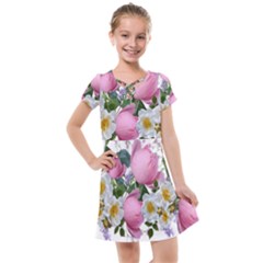 Flowers Roses Pink White Blooms Kids  Cross Web Dress by Simbadda