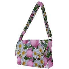 Flowers Roses Pink White Blooms Full Print Messenger Bag by Simbadda