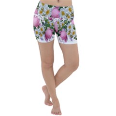 Flowers Roses Pink White Blooms Lightweight Velour Yoga Shorts by Simbadda