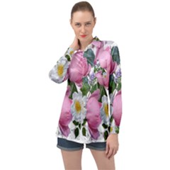 Flowers Roses Pink White Blooms Long Sleeve Satin Shirt